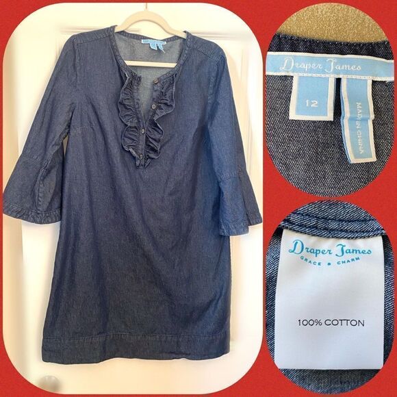 Draper James dark denim dress bell sleeve ruffle button down chest size 12 - Picture 1 of 6